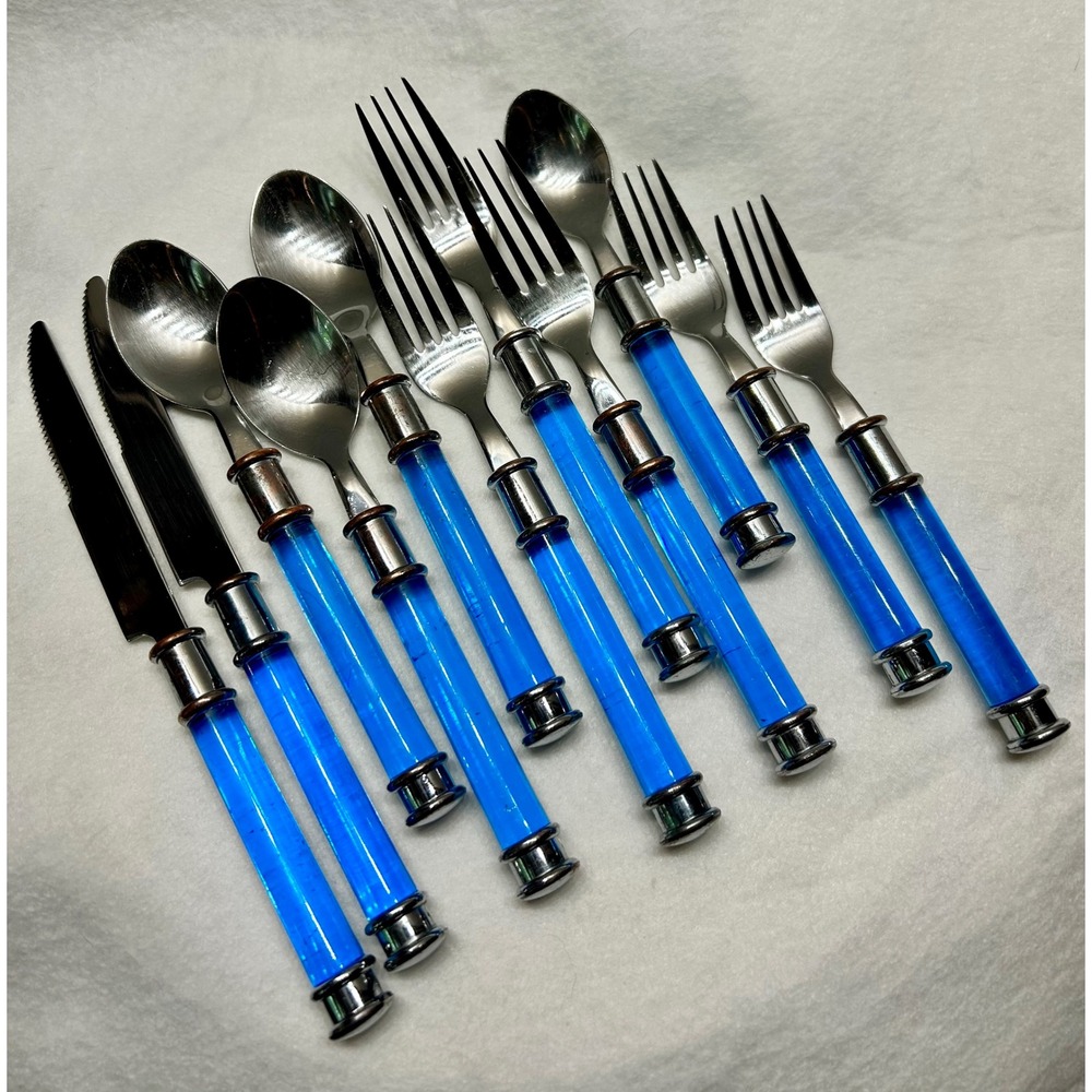 Stainless Steel Flatware 10pc Set Blue Acrylic Handle Knives Spoons Forks China